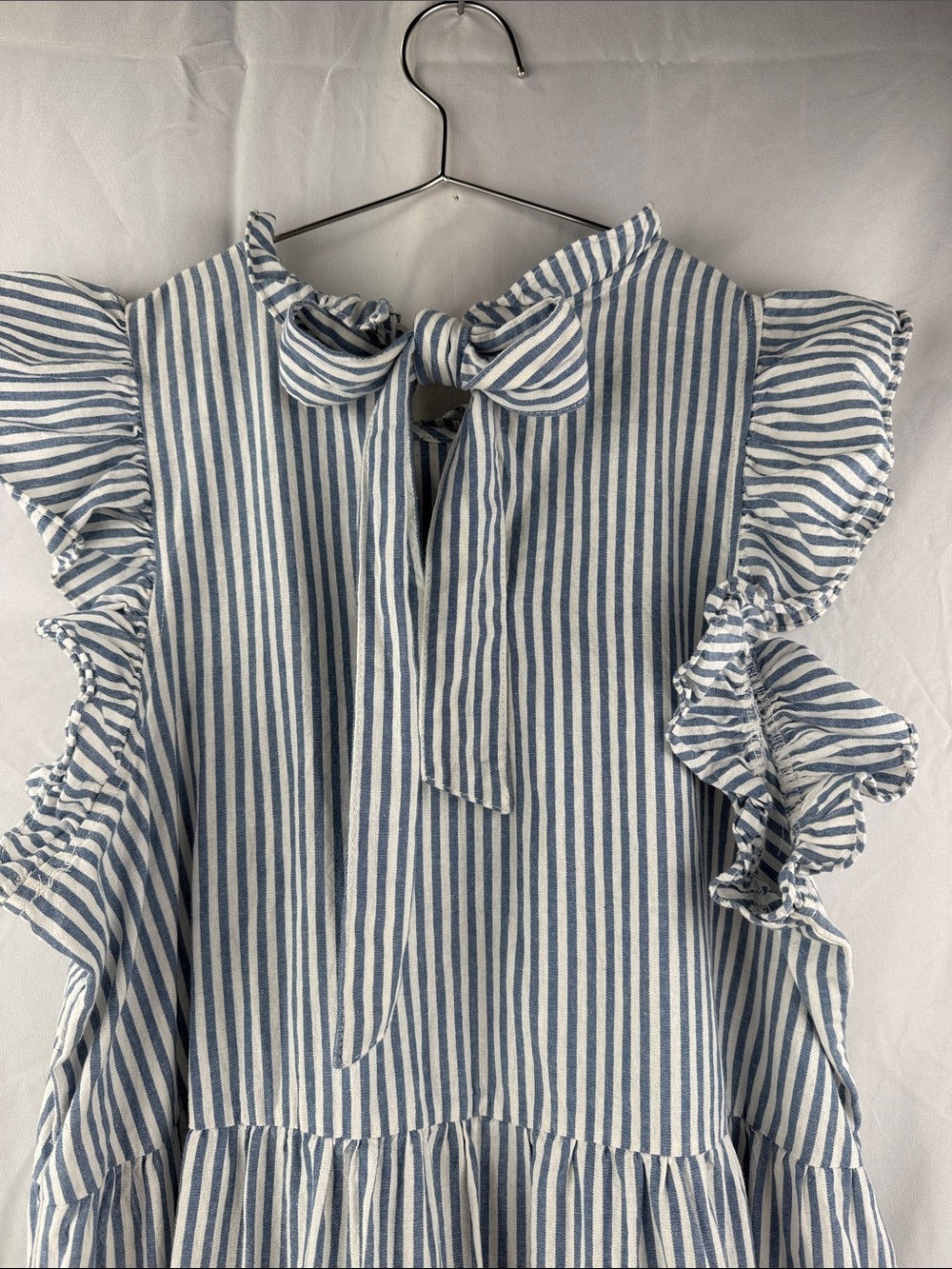 Mudpie Blue & White Striped Tiered Ruffle Sleeve Tie Back Size Large Kids Dress - Picture 5 of 7